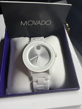 Movado BOLD White Ceramic Watch 36mm Silver Sunray Dial Crystal Dot 3600186