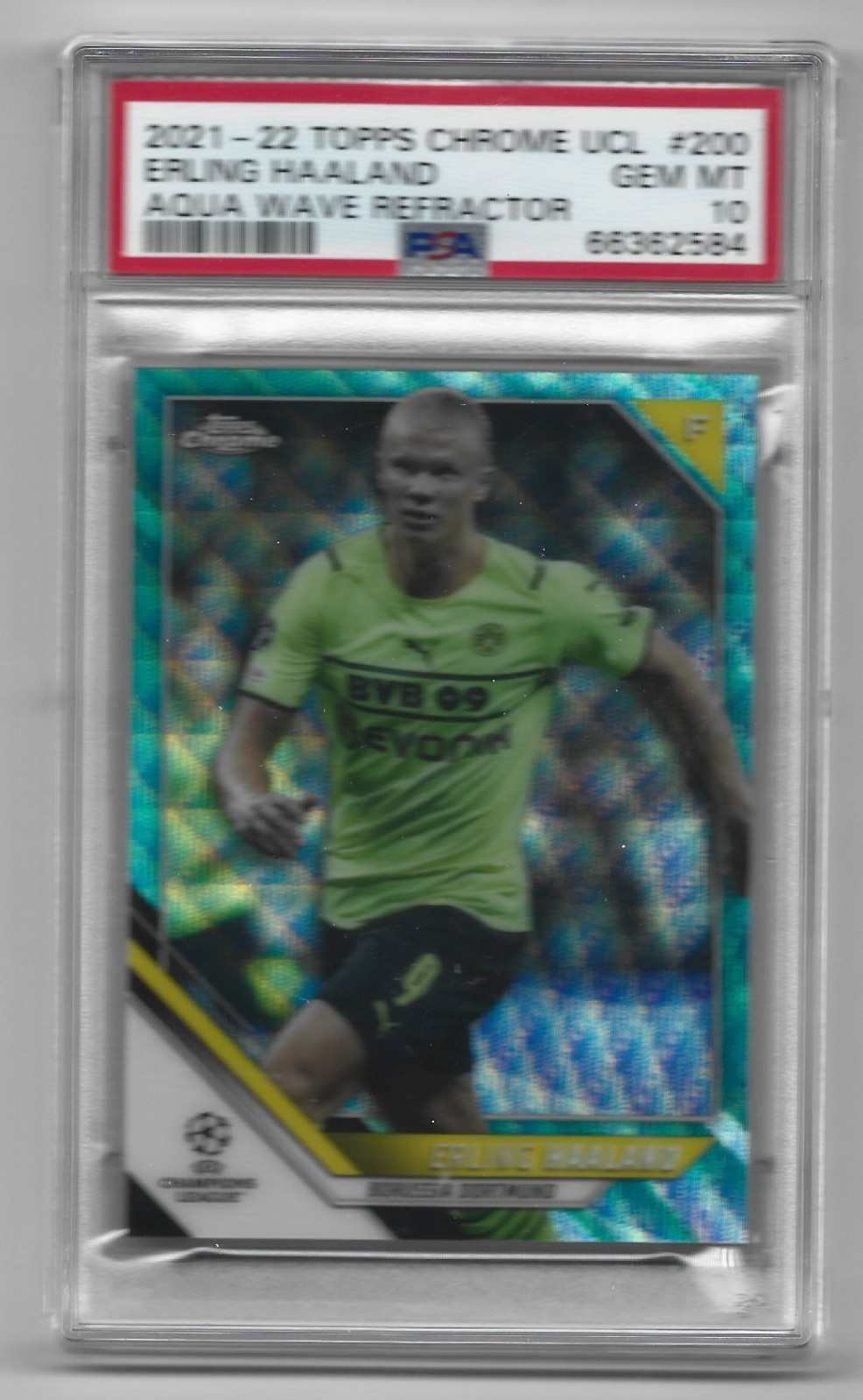 2021-22 Topps Chrome UCL Erling Haaland Aqua Wave 036/199 PSA 10