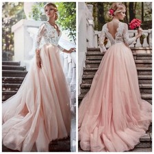 Elegant Pink Tulle V Neck Lace A Line Wedding Dresses High Quality Bridal Gowns