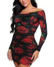 GUESS Miriana Rose-Print Off-The-Shoulder Dress Women's M Black/Red Pullover