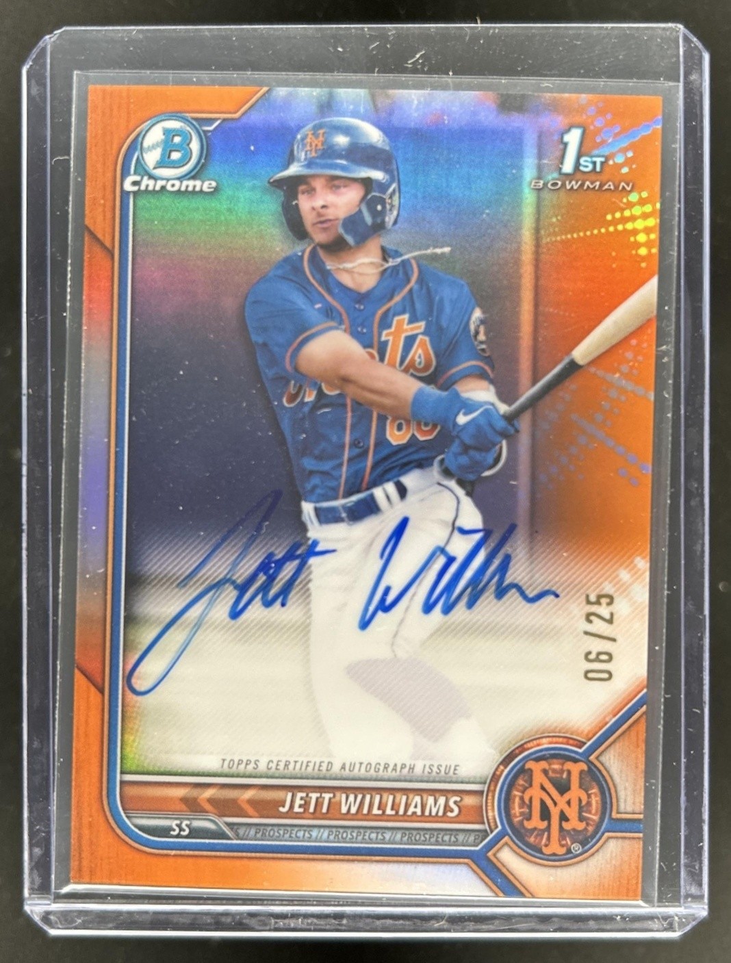 2022 Bowman Draft Jett Williams Chrome Auto Orange Refractor 1st #/25 Mets