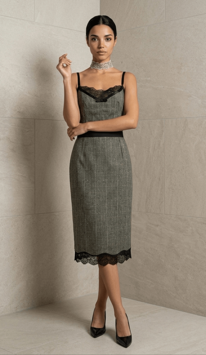 Dolce & Gabbana D&G Wool Blend Lace Trim Slip Dress Green Tweed Midi S 4  (089)