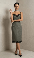 Dolce & Gabbana D&G Wool Blend Lace Trim Slip Dress Green Tweed Midi S 4 (089)