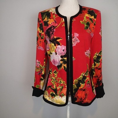Women's Basler Black red Floral Blazer Size 38 zip jacket spring summer