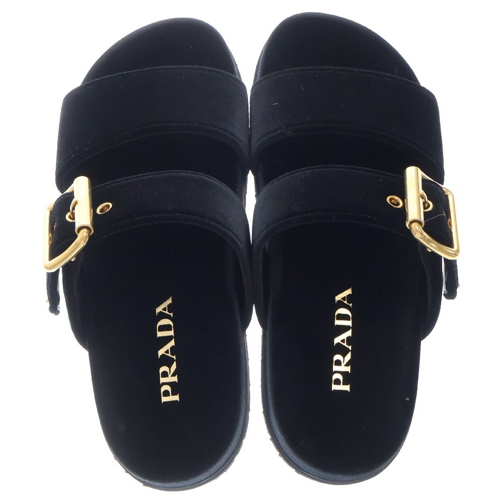 PRADA|SLIPPERS (1XX715 068 F0316) Prada Velvet Slide Sandals Black Triangle Logo Gold Hardware