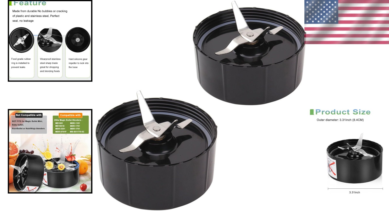 2-Pack Cross Blade With Gasket For Magic Bullet Blender MB-1001