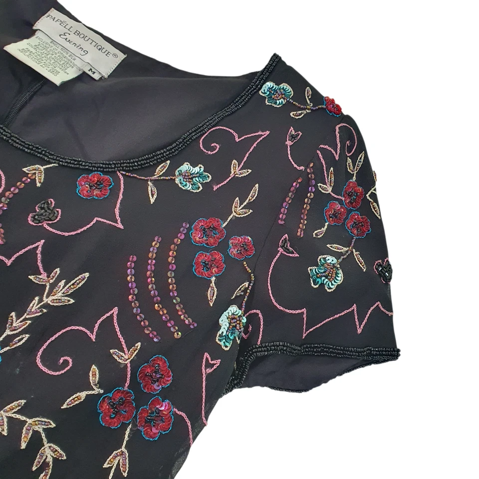 Papell Boutique Evening Size M Vintage 90s Silk Embroidered Beaded Blouse Top - image 3 of 4