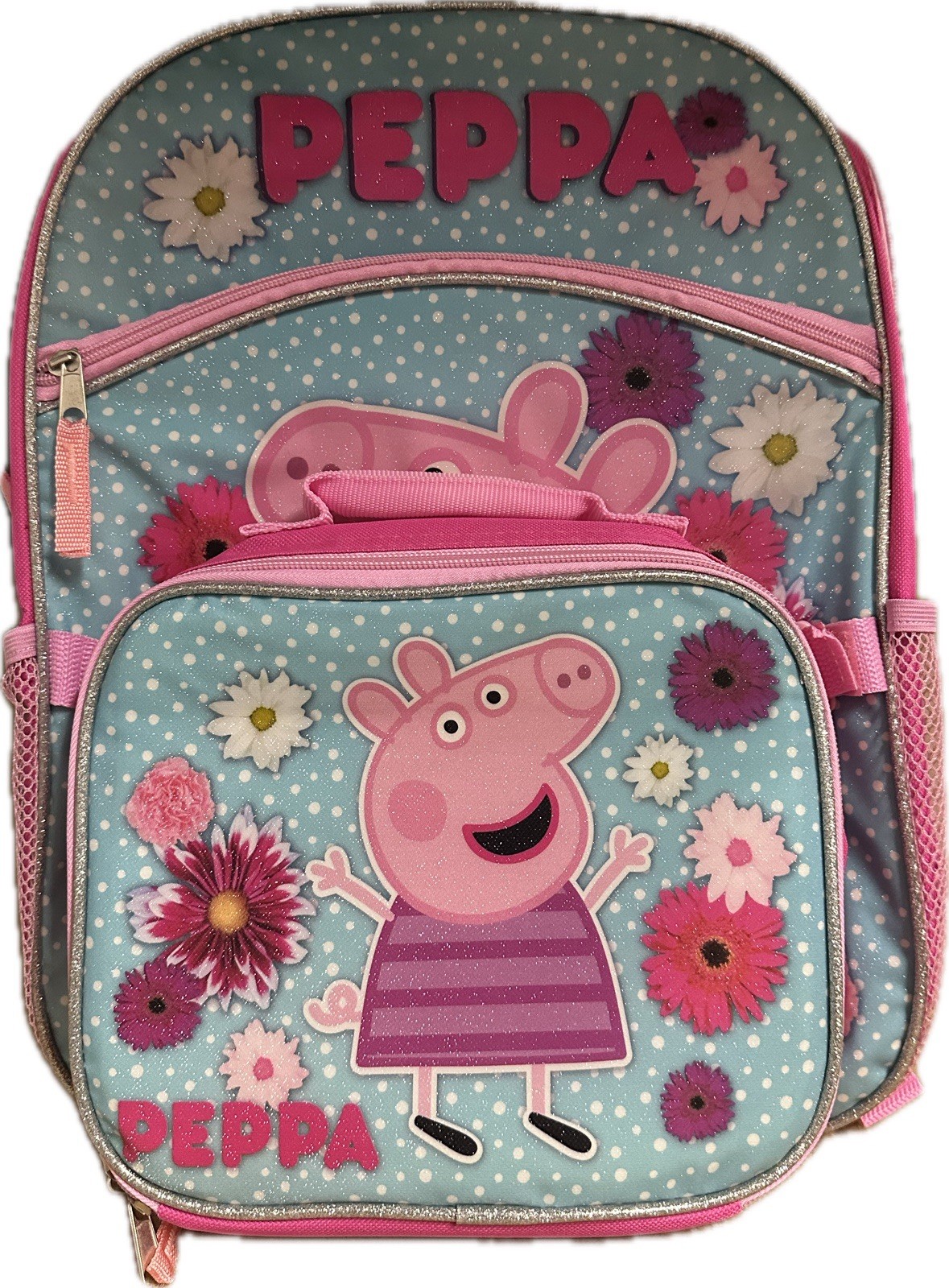 Large Backpack - Peppa Pig - Blue Flowers w/Lunch Bag 16&rdquo; School Bag NEW