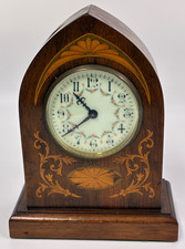 EDWARDIAN WOODEN MANTEL CLOCK LANCET TOP INLAID ROSEWOOD VENEERED KEY WORKING