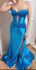 Sherri Hill Blue Satin Strapless Sweetheart Gown with Slit, Size 2