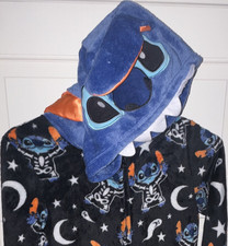Disney Stitch Hooded Fleece 1 Piece Pajama Adult S 4-6 Black Blue Stars Moons
