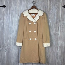VTG Fred Rothschild Coat Womens S Tan Cream Double Breasted Mod Pleated Cottage