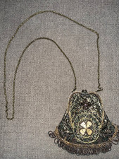 Vintage Gold Bronze Beaded Bag Floral Fringe Drawstring Evening Purse