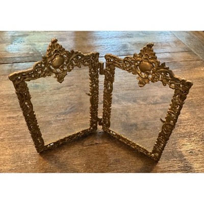 Vintage Brass Double Picture Frame Victorian Rococo Baroque Folding Diptych