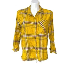 Time And Tru Women’s Plus 3XL Women’s Top Yellow Plaid Long Sleeve Button Shirt