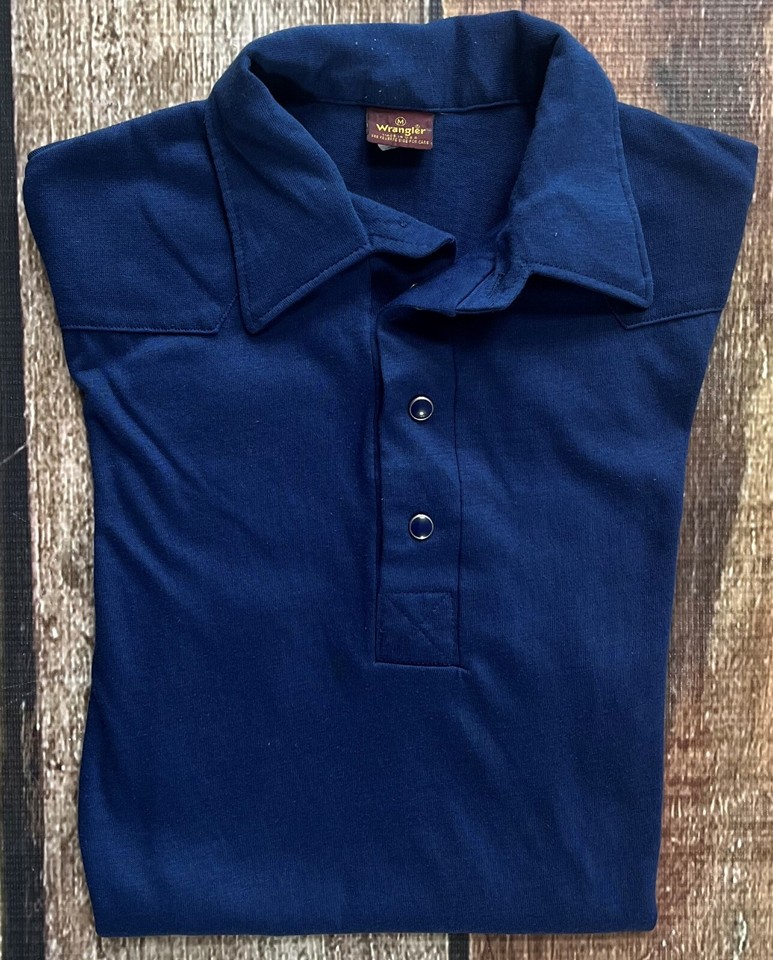 VINTAGE WRANGLER PEARL SNAP POLO SHIRT MADE IN USA BLUE MENS MEDIUM ...