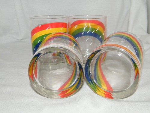 Set of 4 Juice / Water Glasses . Rainbow & Rain Drops Design . Approx. 4"T x 3"R - Picture 7 of 11