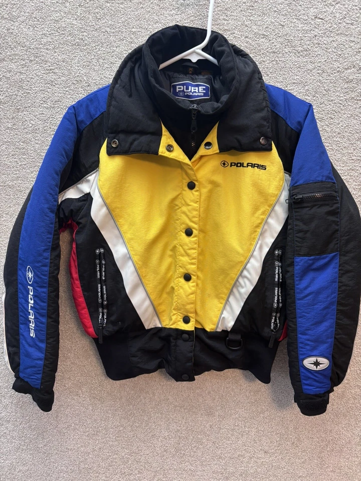 Vtg Pure Polaris Snowmobile Jacket Wmns *MED Yellow Red Striped Y2K Escape 3/4 - Image 2 of 4