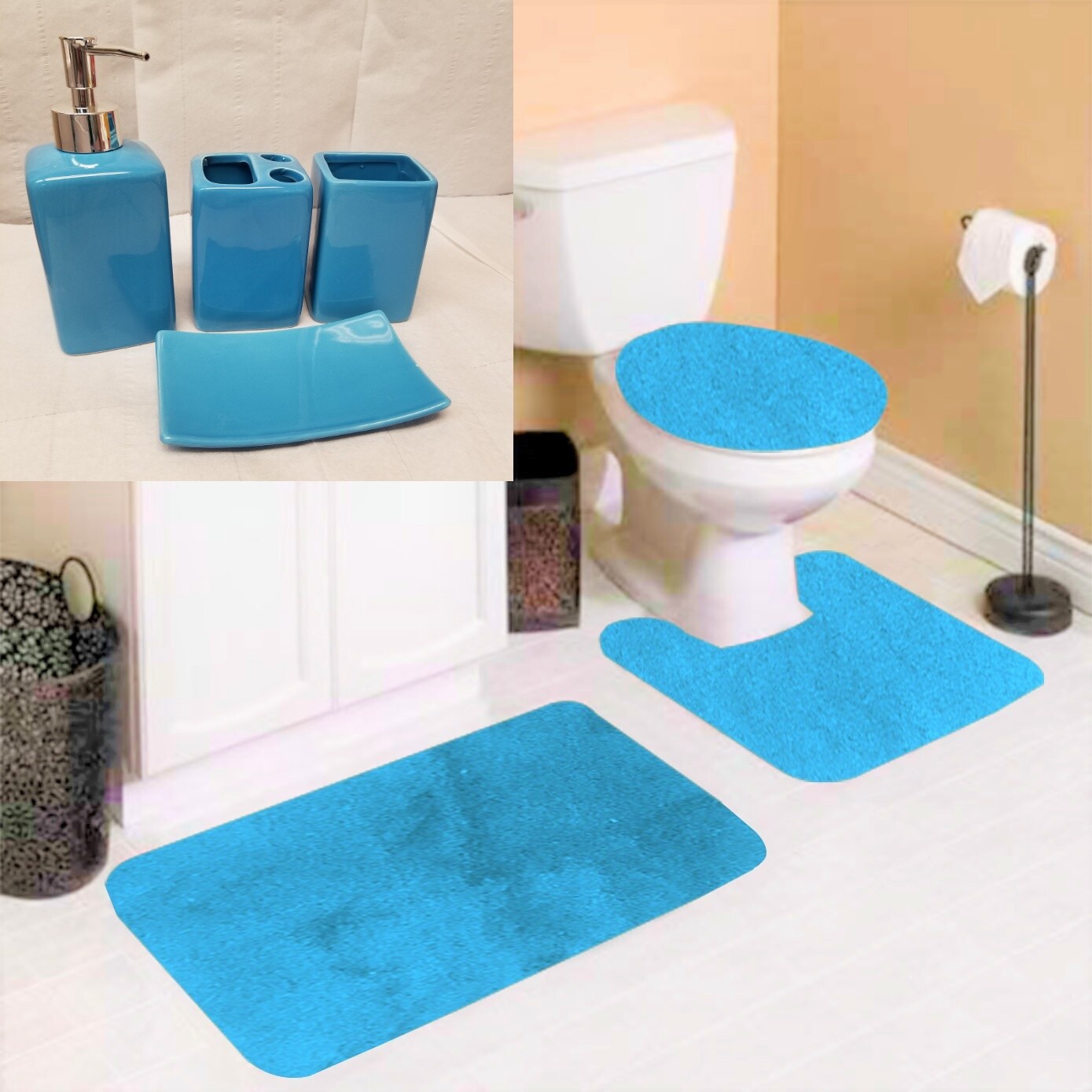 7PC BATHROOM SET SOFT BATH RUGS LID COVER W/ WHITE CERAMIC ACCESSORIES SOLID eBay