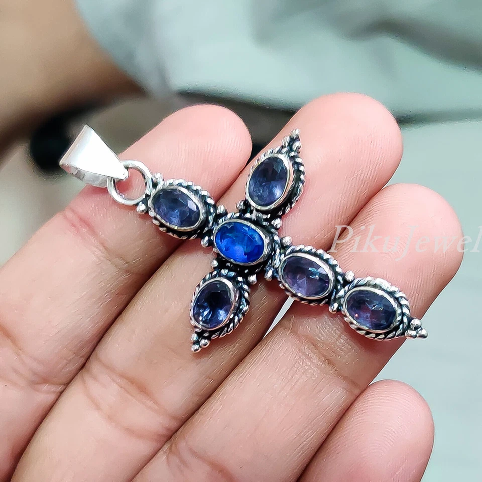 Ciondolo croce in argento sterling 925 con ametista sfaccettata e tanzanite... - Immagine 4 di 4