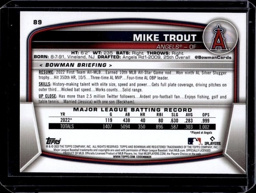 Mike Trout 2023 Bowman Baseball - #89 - Los Angeles Angels - Picture 2 of 2
