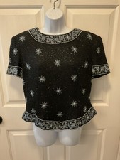 Vintage Papell Boutique Evening 100 Silk And Beaded Top Black W/grey Sz XL