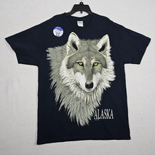 Vintage Alaska Wolf Shirt Large Navy Blue 90s Nature Outdoors Art All Over Print