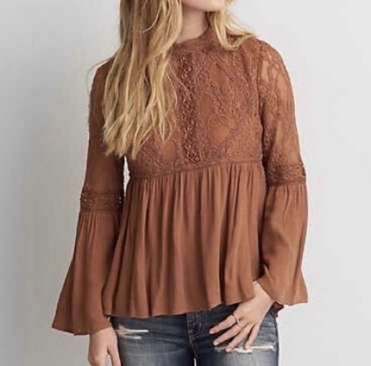 American Eagle High Neck Mesh Lace Blouse Brown Size Small | eBay