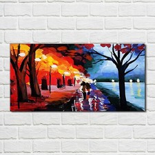 Glass Print 100x50 Oil Painting Park Couple Trees Lamps Wall Art Home Decor