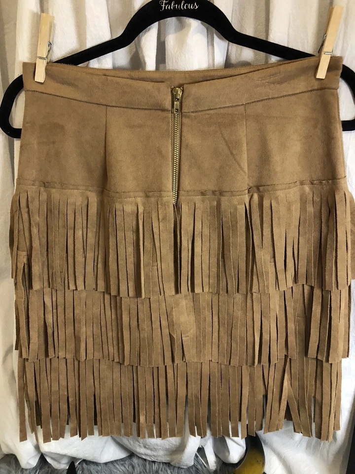 GB Mujer Talla Mediana Beige Falda Terciopelo 3 Niveles Flecos Hasta la Rodilla Recta Nueva Foto 3 de 4