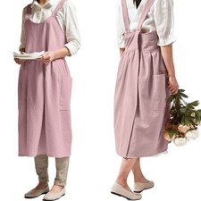 Pink Japanese Cotton Cross Back Smock Pinafore Apron Women Pockets No Ties