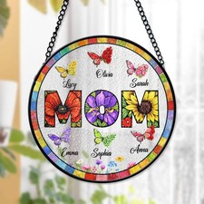 Custom Mom and Kids Stained Glass Suncatcher Gift for Mom Grandma Birth Flower