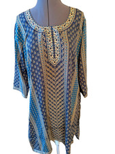 Blue Salwar Kameez 3 Pc Set Tunic Pants Scarf Dupatta Chevron Bangladeshi Indian