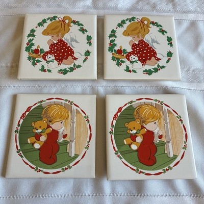 Set 4 Jasco Trivet Tile Coaster Christmas Wall Plaques Girl Kitty Boy Bear/Used
