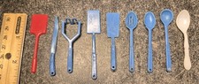 Vtg Dollhouse Miniature Mini Kitchen Utensils Blue Plastic 2" 9 Pieces Total