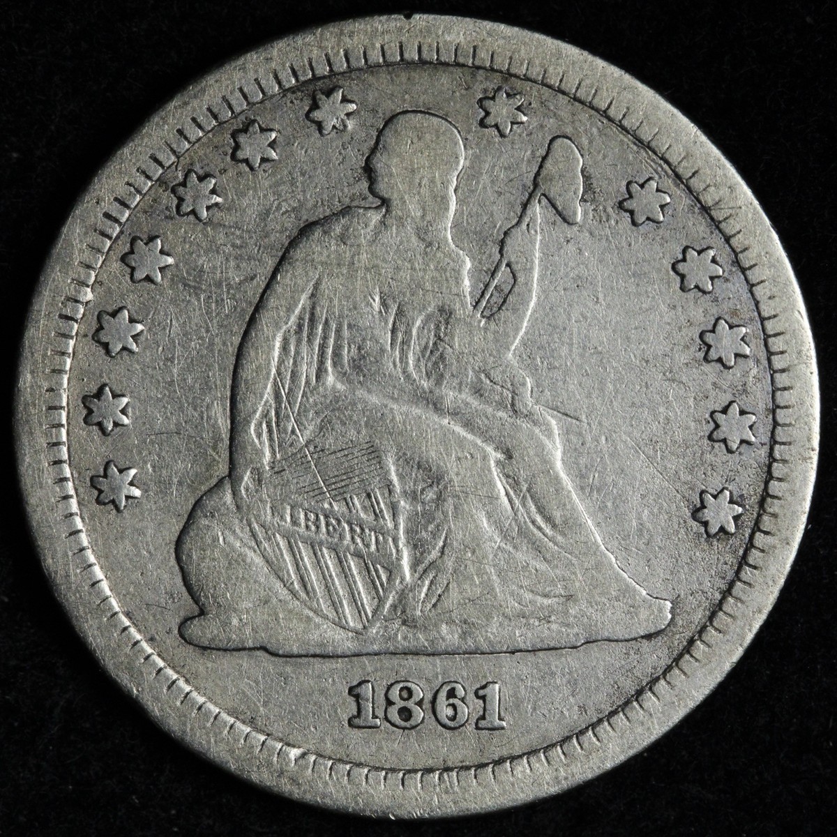 1861 Seated Liberty Silver Quarter VF+ RARE CIVIL WAR DATE E254