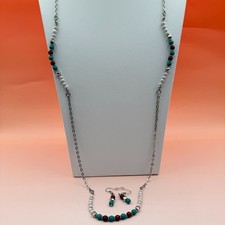 Turquoise Color Red Beaded Necklace Earrings Set Silver Tone Southwestern Boho