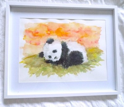 Schlafender Panda Sonnenuntergang Illustration Original Aquarell Gemälde Andi J Lucas