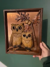 Coppercraft Guild 3D relief 2 owl wall art 9.5" x 11.5" copper/plastic VTG 1977