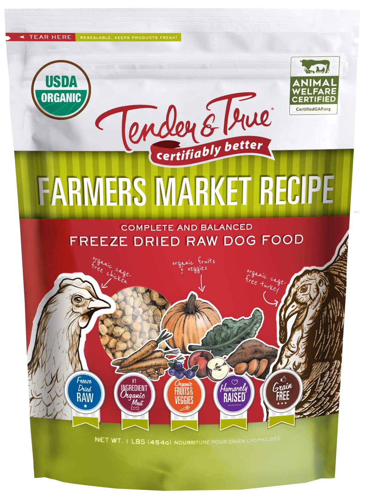 Tender & True Farmers Market Freeze-Dried Raw Dog Food, 1 lb. Organic Meat/Veg