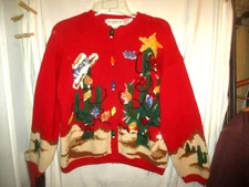 Vtg Eagles Eye Christmas Desert Cactus Ugly Hand Knit Cardigan Sweater L Sequins