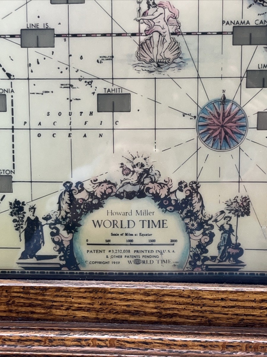 Vtg 1959 Howard Miller World Time Zone Lighted Oak Wall Clock 612