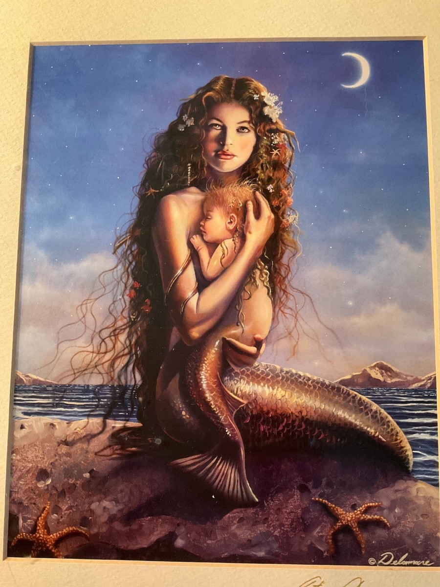 David Delamare Mermaid And Child Art Print Matted Framed