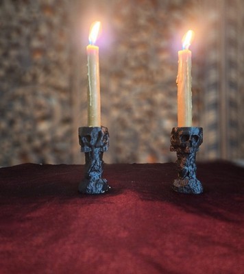 {Unpainted}Skull and Stone Candlestick Holder - Witch's Candle - Halloween Decor