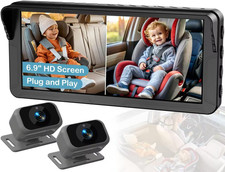 Dual Baby Car Camera with 6.9 HD Split Screen Night Vision for 2 Kids