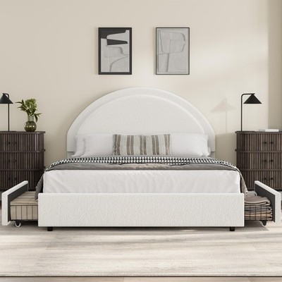 Queen Size Bed Frame Boucle Upholstered Platform Bed Frame w/Headboard & Drawers