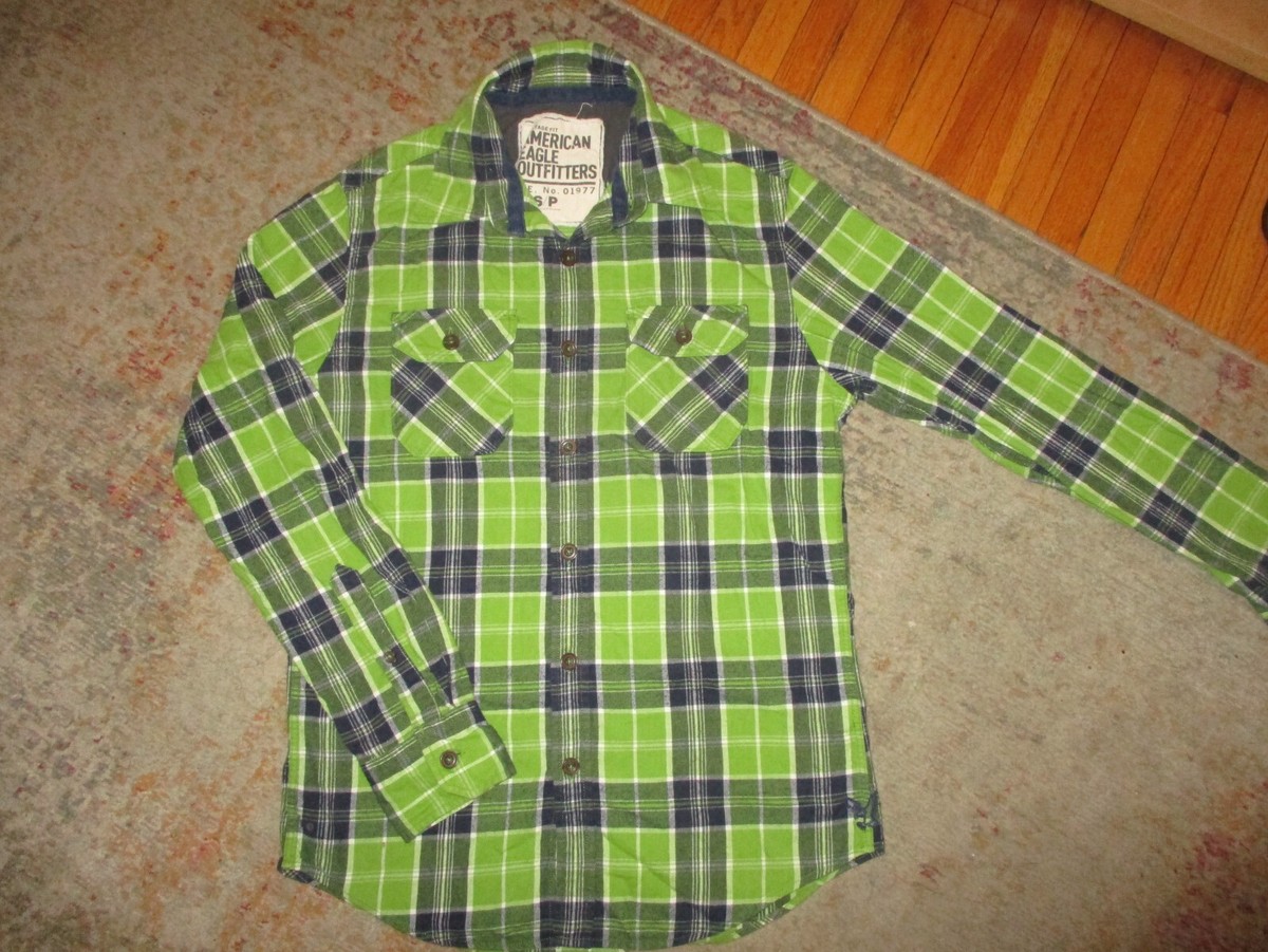 AMERICAN EAGLE FLANNEL SHIRT Classic Retro Green Blue Plaid Grunge