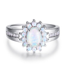 Multi Gems Flower Rainbow White Fire Opal Gems Solid Silver Woman Ring Size 6-9