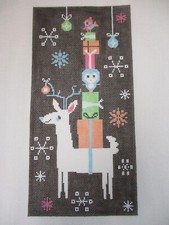Handpainted Needlepoint Canvas Reindeer w/ Pile of Presents Ornaments Snowflakes