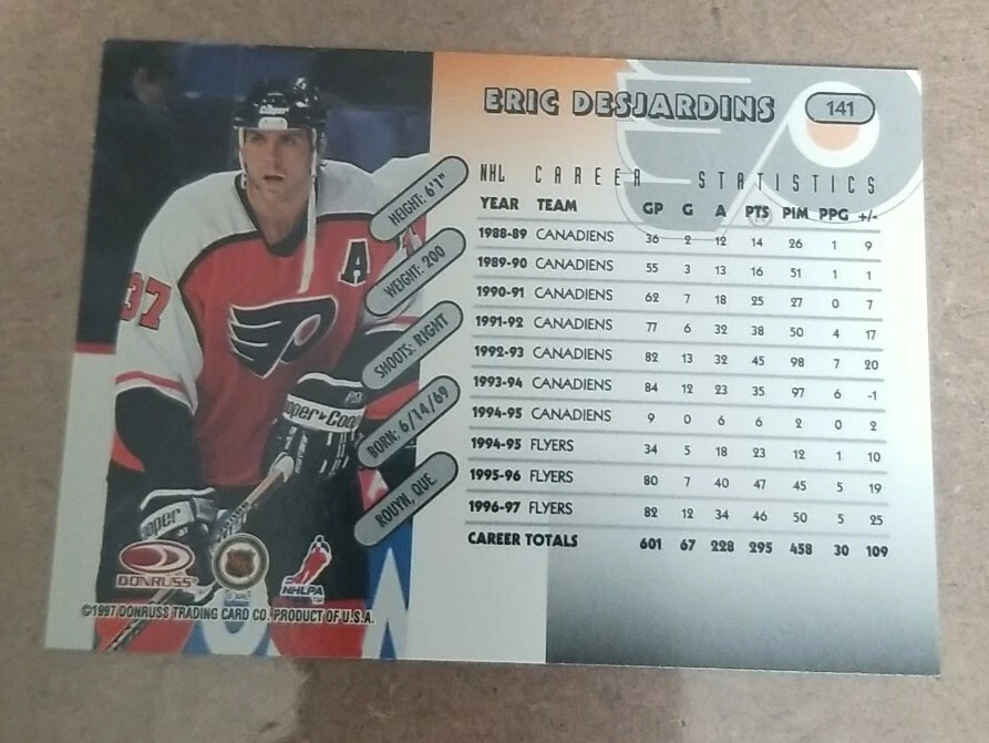 Tarjeta de hockey #141 Eric Desjardins 1997-98 Donruss - Philadelphia Flyers Foto 2 de 2
